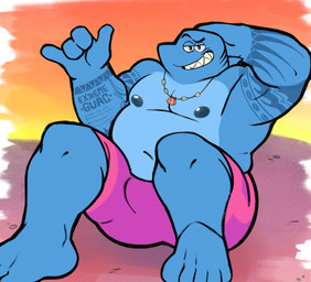 anthro arm_tattoo beach belly big_arms big_butt blue_body bulge butt clothed clothing gills king male moobs muscular muscular_male nipples overweight pecs pose relaxing royalty showing_chest slightly_chubby solo tattoo teeth underwear underwear_only sucio_pelon cartoon_network dc_comics teen_titans teen_titans_(television_series) teen_titans_go! king_shark aquatic fish mammal shark hi_res pinup