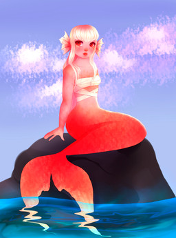 5_fingers bandage bandaged_chest bangs blue_sky blush breasts cloud day ear_fins eyelashes female female_humanoid fin fingers freckled_face freckles hair lidded_eyes light lips long_hair mouth_closed multicolored_body multicolored_hair multicolored_skin notched_fin on_rock partially_submerged pink_body pink_hair pink_lips pink_skin red_eyes red_tail_fin rock sea sitting sitting_on_rock sky small_breasts split_form straight_arm tail tail_fin two_tone_hair water white_hair white_sclera honey-kat koral_(honey-kat) aquatic humanoid merfolk 2019 absurd_res colored digital_drawing_(artwork) digital_media_(artwork) hi_res lighting shaded