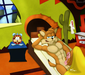 abs alarm_clock anthro balls bed bedroom_eyes black_nose blue_eyes bodily_fluids brown_body brown_ear_tips brown_fur brown_tail_tip cactus cheek_tuft clock clothing cum cum_on_bedding dipstick_ears dipstick_tail ear_markings erection facial_tuft featureless_chest fur fur_tuft furniture genital_fluids genitals glans hand_behind_head hand_on_own_penis hand_on_penis humanoid_genitalia humanoid_penis inner_ear_fluff looking_at_viewer lying lying_on_bed male markings masturbation multicolored_body multicolored_ears multicolored_fur narrowed_eyes navel nude nude_anthro nude_male on_back on_bed orange_body orange_fur pecs penis pink_penis plant seductive shirt solo tail tail_markings tan_body tan_fur tan_inner_ear_fluff topwear tuft white_clothing white_shirt white_topwear sandblastcoyote bubsy_(series) bubsy_bobcat bobcat felid feline lynx mammal