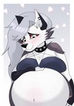 anthro belly big_belly black_body black_fur black_nose blush breasts collar female fur grey_hair hair hand_on_belly happy heart_symbol multicolored_body multicolored_fur pregnant pregnant_anthro pregnant_female red_sclera smile solo spiked_collar spikes unborn_kicking white_body white_eyes white_fur moony0123 helluva_boss mythology loona_(helluva_boss) canid canid_demon canine canis demon hellhound mammal mythological_canine mythological_creature wolf 2023 digital_drawing_(artwork) digital_media_(artwork) hi_res