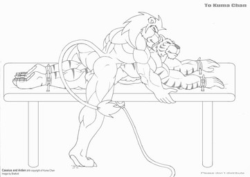 ankle_cuffs anthro anthro_on_anthro back_muscles backsack balls biceps bound butt cheek_tuft claws cuff_(restraint) dominant dominant_male duo eye_contact facial_tuft forced fur furniture genitals grin hair looking_at_another lying lying_on_table male male/male milking_table muscular muscular_anthro muscular_arms muscular_legs muscular_male nude on_front on_table penile penis penis_milking restraining_table restraints sex smile spread_legs spreading straddling stripes submissive submissive_male table toe_claws tuft wrist_cuffs braford felid lion mammal pantherine tiger black_and_white monochrome traditional_media_(artwork)