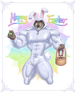 anthro big_muscles bulge bunny_costume clothing costume detailed_bulge easter_egg genital_outline holidays huge_muscles male muscular muscular_male penis_outline smile solo wolfiecanem dreamworks easter the_bad_guys mr._wolf_(the_bad_guys) canid canine canis mammal wolf hi_res
