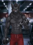 5_fingers abs anthro black_body black_fur black_hair clothed clothing detailed_background dumbbell exercise facial_scar fingers front_view fur hair heterochromia holding_dumbbell inside looking_at_viewer male navel scar solo topless weightlifting weights workout elvofirida mr._wolfish canid canine canis mammal wolf 2022 digital_media_(artwork) hi_res