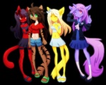 ^_^ bottomwear clothing eye_contact eyes_closed female footwear group horn legwear looking_at_another pushing sandals school_uniform shirt shoes simple_background skirt smile socks stockings tail tongue tongue_out topwear transparent_background uniform sandrathechao mythology angelina_onyx helen_macgraham natasha_onyx regina_kukklitaat_santkitankni deity demon domestic_cat equid equine felid feline felis mammal mythological_creature mythological_equine pantherine tiger unicorn alpha_channel