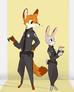 anthro bottomwear carrot clothing duo eyewear female food fur glasses green_eyes grey_body grey_fur male multicolored_body multicolored_fur necktie notebook orange_body orange_fur pants pen plant police police_badge police_officer police_uniform purple_eyes two_tone_body two_tone_fur uniform vegetable =djoyk= disney zootopia judy_hopps nick_wilde canid canine fox lagomorph leporid mammal rabbit 2025 digital_media_(artwork) hi_res