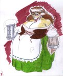 alcohol anthro barmaid beer beer_mug belly beverage big_belly big_breasts blush breasts brown_hair clothed clothing container corset cup female hair holding_container holding_cup holding_mug holding_object huge_breasts lingerie mug pregnant solo stein topwear danellz kathy_(danellz) felid lion mammal pantherine 2007 traditional_media_(artwork)