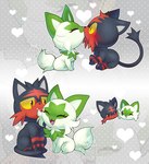 blush blush_lines duo female feral green_body kissing male male/female red_body red_eyes sitting purrynx queenpurr nintendo pokemon generation_7_pokemon generation_9_pokemon litten pokemon_(species) sprigatito