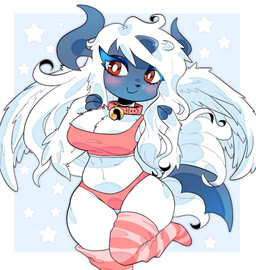 anthro bell bell_collar big_breasts blush breasts cleavage clothed clothing collar female legwear pokemorph solo underwear white_body wings cheribunie nintendo pokemon generation_3_pokemon generation_6_pokemon mega_absol mega_evolution pokemon_(species) hi_res