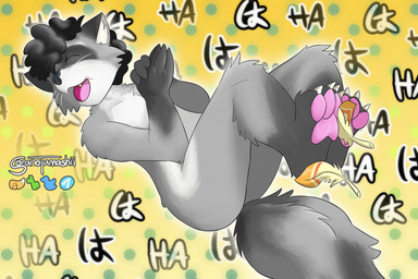 4_toes afro claws eyes_closed feet foot_fetish laugh loose_feather pawpads solo text text_background tickling tickling_feet toe_claws toes soranotamashii joule_(soranotamashii) mammal procyonid raccoon digital_media_(artwork) signature