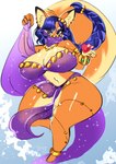 anthro belly_dancer belly_dancer_outfit big_breasts blue_hair breasts clothed clothing female hair orange_body solo thick_thighs futoosu sly_cooper_(series) sony_corporation sony_interactive_entertainment sucker_punch_productions carmelita_fox canid canine fox mammal full-length_portrait hi_res portrait