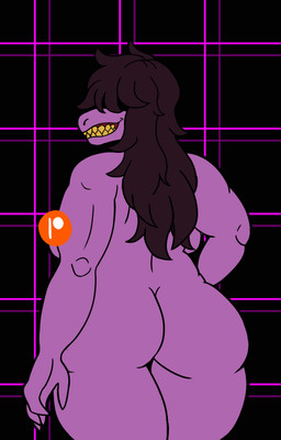 anthro back_boob bared_teeth big_breasts big_butt breasts butt butt_focus censored_nipples clothing dark_hair female geometric_background grid_background hair hair_over_eye long_hair looking_at_viewer looking_back messy_hair nude nude_female patreon_preview patreon_username pattern_background sharp_teeth simple_background smile smirk solo teeth text topwear yellow_teeth boobfan06 deltarune undertale_(series) susie_(deltarune) scalie 2025 artist_name censored flat_colors hi_res