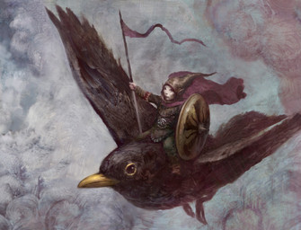 abstract_background armor beak black_body black_feathers cape clothing duo extreme_size_difference feathered_wings feathers feral flag flag_(object) flying hat headgear headwear holding_flag holding_object holding_shield hood humanoid_pointy_ears leather leather_armor male pointy_ears red_cape red_clothing riding shield size_difference wings nils_hamm hasbro magic:_the_gathering wizards_of_the_coast avian bird common_blackbird humanoid oscine passerine thrush_(bird) true_thrush 2020 hi_res