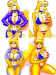 abs american_flag american_flag_bikini anthro belt_buckle big_breasts big_tail bikini bikini_cowgirl breasts buckle chaps cleavage clothed clothing collar comparison cosplay curvy_figure eyeshadow female flag flag_bikini flag_clothing flag_print flag_swimwear fluffy fluffy_tail fur hair huge_breasts looking_at_viewer makeup multicolored_body multicolored_fur multicolored_hair navel panties print_bikini print_clothing print_swimwear solo swimwear tail thick_thighs thong two-piece_swimsuit underwear united_states_of_america wide_hips yellow_body yellow_fur aaronhibiki angel_(king_of_fighters) lassie_(krillos) canid canine canis collie domestic_dog herding_dog mammal pastoral_dog sheepdog hi_res