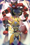 anthro areola black_sclera bra clothing cosplay_pikachu_(costume) duo female male mask muscular muscular_female navel short_stack sports_bra stage underwear yellow_eyes gashiboka nintendo pokemon pikachu_libre generation_1_pokemon generation_7_pokemon incineroar pikachu pokemon_(species) hi_res