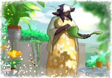 anthro big_breasts breasts brown_body brown_fur clothing dress facial_piercing female female_anthro fur hidden_eyes highlights_(coloring) horn nose_piercing piercing plant sky solo sundress white_highlights josiedink ambient_lizard bovid bovine cattle mammal