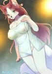 anthro big_breasts biped black_nose bottomless breasts clothed clothing dutch_angle eyebrow_through_hair eyebrows female fluffy fluffy_tail fur green_eyes hair kemono long_hair looking_at_viewer nipples paws red_hair simple_background solo standing tail text towel translucent translucent_clothing translucent_hair translucent_towel whiskers white_body white_fur kiichi canid canine fox mammal 2016 artist_name colored digital_media_(artwork) shaded