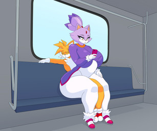 abdominal_bulge anthro big_breasts big_butt bodily_fluids breasts butt cellphone duo electronics female genital_fluids huge_breasts inflation inside_train larger_female male male/female on_lap on_phone phone public public_sex sex sitting_on_another sitting_on_lap size_difference smaller_male sweat sweatdrop thick_thighs cytrusawa sega sonic_the_hedgehog_(series) blaze_the_cat miles_prower canid canine domestic_cat felid feline felis fox mammal 2025 absurd_res hi_res