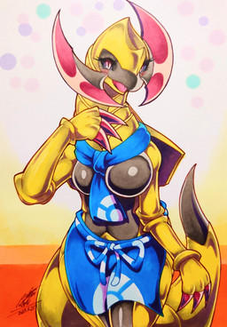 anthro apron blush breasts claws clothing eyelashes featureless_breasts female green_body kerchief navel neckerchief neckwear non-mammal_breasts open_mouth pokeball pokeball_apron pokeball_clothing pokeball_kerchief pokeball_neckerchief pokeball_neckwear pokeball_symbol red_eyes solo tongue 025aki nintendo pokemon pokemon_cafe_remix generation_5_pokemon haxorus pokemon_(species) reptile scalie 2023 absurd_res dated hi_res signature