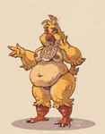 2022 4_toes anisodactyl anthro arm_tuft avian avian_feet bare_breasts beak belly belly_overhang belly_tuft bib big_belly bird brown_body brown_feathers chest_tuft chica_(fnaf) chicken claws clothing dark_nipples deep_navel digital_drawing_(artwork) digital_media_(artwork) elbow_tuft feather_hands feather_tuft feathers feet female five_nights_at_freddy's full-length_portrait galliform gallus_(genus) head_tuft hip_tuft lighter_belly love_handles markings navel nipples open_beak open_mouth orange_beak orange_legs overweight overweight_female phasianid pink_clothing pink_nipples pink_underwear plantigrade portrait pupils purple_eyes scottgames scuted_feet scuted_legs scutes sharp_teeth shellyochunks signature simple_background spots spotted_body spotted_feathers tan_background teeth thick_thighs toe_claws toes tuft underwear white_claws white_pupils white_talons wide_hips yellow_body yellow_feathers