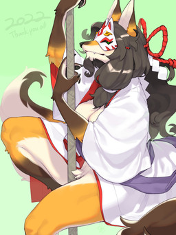 anthro asian_clothing big_breasts biped black_hair black_pawpads breasts brown_body brown_fur claws clothed clothing countershade_arms countershade_legs countershade_tail countershade_torso countershading crotch_tuft dipstick_ears dipstick_tail ear_markings east_asian_clothing fangs female female_anthro finger_claws fur gloves_(marking) green_background green_eyes hair japanese_clothing kemono kimono leg_markings long_hair markings mask multicolored_ears orange_body orange_fur pawpads pole robe simple_background socks_(marking) solo tail tail_markings teeth tuft white_body white_clothing white_fur white_inner_ear white_robe kame_3 masked_fox_(kame_3) canid canine fox mammal 2022 absurd_res dated digital_media_(artwork) hi_res