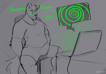 anthro bodily_fluids briefs bulge chair clothed clothed_anthro clothed_male clothing computer drooling electronics erection erection_under_clothing eyebrows eyewear furniture glasses green_eyewear green_glasses hypnosis laptop male male_anthro mind_control on_chair saliva shirt sitting sitting_on_chair solo speech_bubble spiral t-shirt tail tenting text text_on_face topwear underwear wire melaisen ych_(character) canid canine mammal 2022 absurd_res artist_name hi_res monochrome