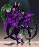 anthro big_breasts black_hair breasts collar duo feathered_wings feathers female fur green_body green_fur green_hair hair horn looking_at_viewer nipples nude pink_hair purple_body purple_fur smile tail wings yellow_eyes fsmaverick equid hybrid mammal tamanuus absurd_res hi_res incest_(lore) mother_(lore) parent_(lore)