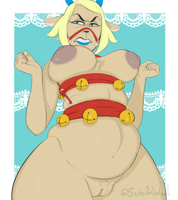 anthro bdsm bell blonde_hair blue_eyes blue_lipstick blue_nose bondage bound breasts brown_body brown_fur clenched_teeth female fist fur genitals hair harness jingle_bell lipstick looking_at_viewer looking_down looking_down_at_viewer makeup nipples puffy_nipples solo teeth vulva stitchwool deltarune undertale_(series) carol_holiday deer mammal new_world_deer reindeer absurd_res hi_res