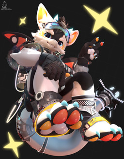 4_toes anthro black_background black_clothing black_gloves black_handwear blue_eyes bottomwear clothing eyewear eyewear_on_head feet gloves goggles goggles_on_head grin hand_on_knee hand_on_leg handwear kemono low-angle_view male pawpads shorts simple_background sitting smile solo star stirrup_footwear three-quarter_view toes white_body nekokaii mythology fructose_(fructose_c) dragon mythological_creature mythological_scalie scalie 3d_(artwork) absurd_res digital_media_(artwork) hi_res signature
