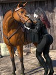 anthro big_butt black_bottomwear black_clothing black_footwear black_lips black_pants black_shirt black_topwear bodysuit boots bottomwear braided_hair breasts bridle bubble_butt butt chain clothing collar cowboy_outfit duo female feral footwear gradient_hair hair high_heeled_boots high_heels leash leather legwear lips long_hair looking_at_viewer multicolored_hair pants realistic red_hair reins shirt shoes skinsuit smile standing thick_thighs thigh_boots thigh_highs tight_clothing topwear two_tone_hair chadotexas canid canine canis equid equine horse mammal wolf 3:4 3d_(artwork) absurd_res digital_media_(artwork) full-length_portrait hi_res portrait