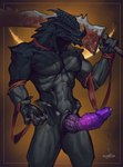 animal_genitalia anthro big_pecs big_penis biped black_body bodily_fluids bottomwear claws clothing dripping erection finger_claws genital_fluids genital_slit genitals holding_melee_weapon holding_object holding_sword holding_weapon horn huge_penis knot male male_anthro melee_weapon muscular muscular_anthro muscular_male pecs penis precum precum_drip purple_penis red_bottomwear red_clothing solo sword sword_on_shoulder weapon deaddragonp elden_ring fromsoftware mythology dragon mythological_creature mythological_scalie scalie 2025 digital_media_(artwork) hi_res portrait three-quarter_portrait