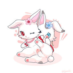 accessory blue_eyes bodily_fluids cherry chibi clitoris cum duo female feral flower flower_in_hair food fruit gem genital_fluids genitals hair hair_accessory holding_leash holding_object jewelry leash male male/female necklace pearl_(gem) pearl_necklace penis plant red_eyes scut_tail sex short_tail simple_background smile tail vulva white_body zyuuniie jewelpet sanrio sega sega_fave ageam_(sylvtasticalsylveon) fan_character ruby_(jewelpet) lagomorph leporid mammal rabbit 1:1 2025 colored digital_media_(artwork) hi_res