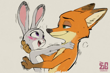 anthro arms_around_neck arms_around_partner blush bodily_fluids buckteeth clothed clothing duo ears_back ears_up featureless_chest female fur grey_body grey_fur half-closed_eyes happy hug looking_at_another male male/female narrowed_eyes nude open_mouth pivoted_ears purple_eyes simple_background smile sweat sweatdrop teeth tongue zigrock001 disney zootopia judy_hopps nick_wilde canid canine european_rabbit fox lagomorph leporid mammal oryctolagus rabbit red_fox true_fox absurd_res digital_media_(artwork) half-length_portrait hi_res portrait sketch