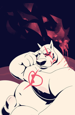 animal_genitalia anthro belly big_belly black_sclera fully_sheathed genitals looking_at_viewer male markings moobs narrowed_eyes nude overweight overweight_anthro overweight_male red_eyes red_markings sheath simple_background sitting solo white_body chocolateandmilk canid canine mammal 2020 dated flat_colors hi_res signature