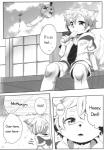 :3 anthro black_and_white canid canine clothed clothing comic dialogue english_text food fully_clothed hi_res inakagurashi inner_ear_fluff kemono male mammal monochrome open_mouth outside sitting text tuft young young_anthro