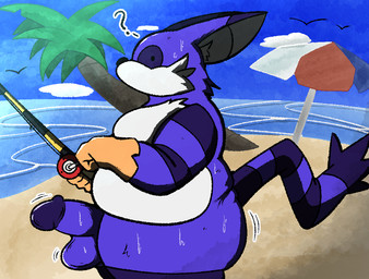 anthro balls bodily_fluids confusion fishing fishing_rod genitals male outside penis solo sweat sebboh sega sonic_the_hedgehog_(series) big_the_cat felid mammal