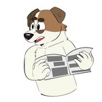 anthro black_eyes black_nose brown_body brown_ears brown_fur eyebrows fur half-closed_eyes holding_newspaper holding_object looking_at_another male multicolored_body multicolored_fur narrowed_eyes newspaper raised_eyebrow simple_background solo standing teeth tongue white_background white_body white_fur beargarbage bluey_(series) jack's_dad_(bluey) canid canine canis domestic_dog hunting_dog jack_russell_terrier mammal terrier 2023 digital_media_(artwork) hi_res