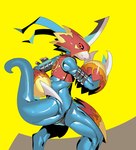 anthro armor asian_clothing athletic athletic_male belt blue_body claws clothing east_asian_clothing fundoshi headgear helmet japanese_clothing leather male red_eyes solo underwear skink_hisshiss bandai_namco digimon digimon_(species) flamedramon hi_res