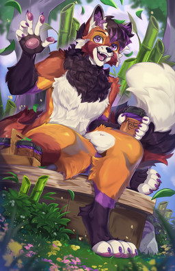 4_toes 5_fingers anthro bamboo biped black_hair brown_body brown_fur brown_tail claws cloud coffee_cup container countershade_fur countershade_torso countershading cup day feet finger_claws fingers front_view fur grass grey_body grey_fur hair handpaw highlights_(coloring) holding_coffee_cup holding_container holding_cup holding_object inner_ear_fluff male neck_tuft nude nude_anthro nude_male open_mouth open_smile outside paws plant purple_claws purple_eyes purple_highlights sitting sky smile solo tail teeth toe_claws toes tongue tuft whiskers white_body white_fur purplelemons ailurid mammal red_panda 2025 absurd_res digital_media_(artwork) hi_res