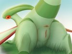 anthro anus blush butt female genitals green_body looking_at_viewer lying pussy red_eyes solo tail wings k-dra61 nintendo pokemon flygon generation_3_pokemon pokemon_(species) 4:3 hi_res