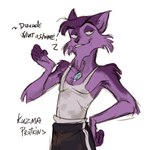 anthro bite biting_lip clothing eyebrows fur hands_on_hips jewelry jogging_pants looking_aside male necklace purple_body purple_fur shirt solo tank_top thick_eyebrows topwear marcie_montis kuzma_prutkins felid mammal low_res