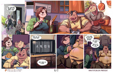 anthro black_nose blonde_hair brown_hair carrot clothed clothed_anthro clothed_female clothed_male clothing dialogue eating electronics feet female food fur group hair kitchen knife male male/female male/male noodles overweight overweight_anthro overweight_female overweight_male pink_body pink_fur pink_skin plant smile standing television text tongue trio vegetable watching_television mikrogoat abe_(mikrogoat) basil_(mikrogoat) stella_(mikrogoat) domestic_pig lagomorph leporid mammal mustelid otter rabbit suid suine sus_(pig) comic english_text hi_res