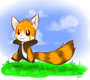 accessory ambiguous_gender anthro blue_sky brown_body brown_fur chibi cloud day detailed_background featureless_crotch fur grass mostly_nude necktie necktie_only orange_body orange_fur outside paws plant pupils running semi-anthro sky smile solo tail white_body white_fur white_necktie white_pupils yassui ailurid mammal red_panda 2011 digital_drawing_(artwork) digital_media_(artwork) full-length_portrait portrait shaded