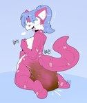 anthro blue_background blue_eyes blue_hair breasts clothing diaper feces female hair hand_on_breast messy_diaper pink_body ponytail pooping scatplay simple_background soiled_diaper soiling soiling_diaper tape tongue tongue_out unclean_diaper used_diaper maynara sega sonic_the_hedgehog_(series) fan_character kate_the_wolf animate_inanimate canid canine canis diaper_creature mammal wolf absurd_res hi_res signature trans_(lore) trans_woman_(lore)