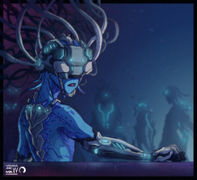 ambiguous_gender bare_back bare_shoulders group not_furry open_mouth prosthetic sitting technology sunkenshrines alien unknown_species