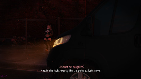 anthro armwear bottomwear breasts clothing dialogue evening female hair imminent_sex kidnapping legwear long_hair medium_breasts medium_truck outside shorts solo standing stockings text truck van vehicle lir hellaverse helluva_boss loona_(helluva_boss) 16:9 3d_(artwork) digital_media_(artwork) english_text hi_res subtitled widescreen