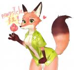 anthro breasts cheek_tuft clothed clothing crossgender dipstick_ears dipstick_tail ear_markings facial_tuft female food gloves_(marking) green_eyes holding_food holding_object holding_popsicle inner_ear_fluff looking_at_viewer markings mtf_crossgender multicolored_ears multicolored_tail navel neck_tuft open_clothing open_shirt open_topwear pawpads pawpsicle popsicle shirt simple_background solo tail tail_markings topwear tuft white_background swetpot disney zootopia nick_wilde canid canine fox mammal red_fox true_fox 2020 hi_res unavailable_at_source