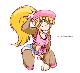 anthro anthrofied blonde_hair brown_body brown_fur clothing female fur green_eyes hair hat headgear headwear long_hair ponytail simple_background smile solo text dan-heron donkey_kong_(series) nintendo dixie_kong haplorhine mammal monkey primate 2018 english_text