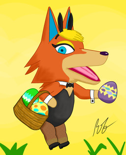 anthro basket bunny_costume clothing container costume easter_basket easter_egg female holidays on_model smile solo standing rob-posa animal_crossing easter nintendo audie_(animal_crossing) canid canine canis mammal wolf digital_media_(artwork) hi_res