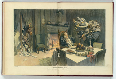 ambiguous_gender anthro bandage biped black_text bowl breaking_glass broken_glass candle caption chair container decanter_(object) detailed_background feral fire fireplace food fruit furniture glass grape group holding_ladle holidays imminent_danger inside label looking_back male name_on_shirt neo-classical_architecture ornate_furniture overweight overweight_anthro overweight_human overweight_male plant plate quadruped rug shocked sitting soup spilling_food table text through_window toony trio tureen window wreath udo_keppler christmas democratic_party_(usa) public_domain puck_(magazine) republican_party_(usa) democrat_donkey republican_elephant william_howard_taft human mammal 1912 20th_century absurd_res ancient_art detailed english_text hi_res traditional_media_(artwork)