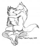 2004 animal_genitalia anthro balls blackteagan bodily_fluids canid canine claws cum duo embrace erection french_kissing fur genital_fluids genitals hug kissing knot male male/male mammal monochrome nude penis